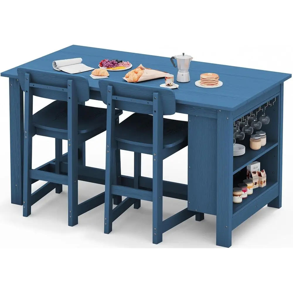 

Синий барный набор для патио из 3 предметов из HDPE с местом для хранения и винной полкой, высоким столом и 2 табуретками