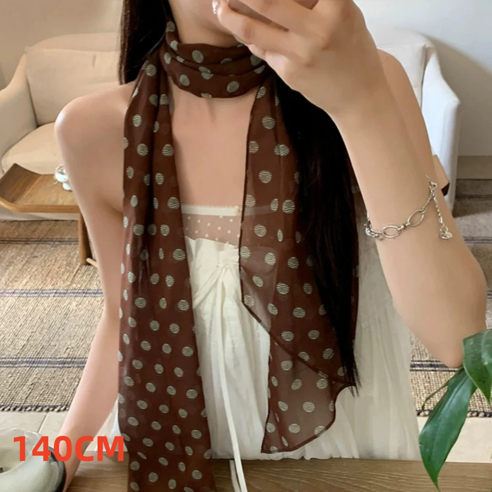Vintage-Chiffon-Schal mit Polka-Dot-Muster für Damen, leichter, transparenter Halstuch, elegantes Modeaccessoire für den täglichen Gebrauch im Sommer und für Outfits – Detail 8