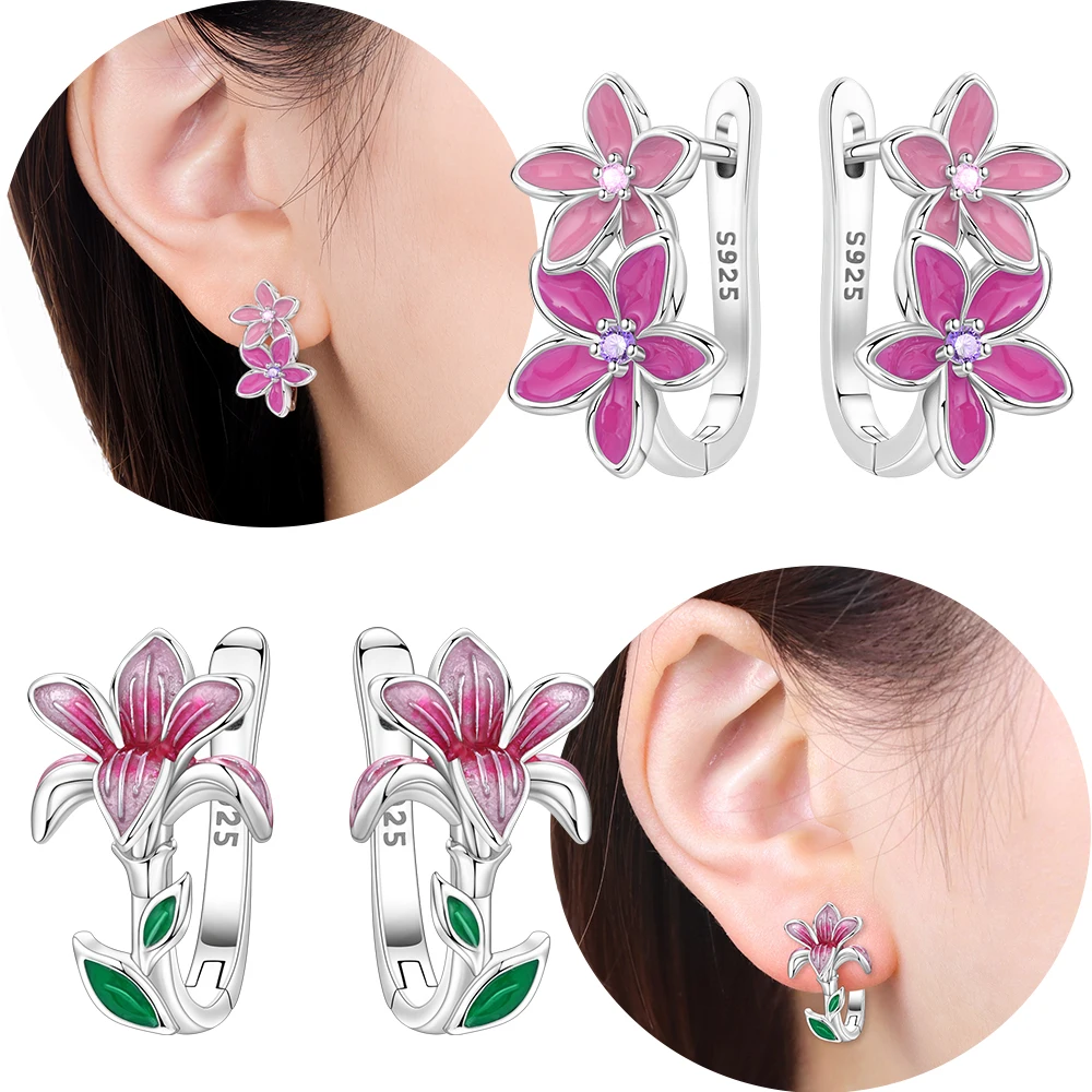 القرط الأصلي S925 فضة الوردي زهرة النبات أقراط زهر البرقوق الأخضر ورقة القرط الذكرى غرامة هدية الإكسسوار #1
