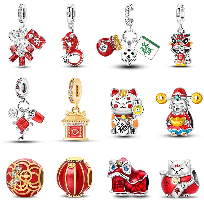 

New 925 Sterling Silver New Year Series Lucky Cat God Of Wealth Lion Dance Pendants Charms Beads Fit DIY Bracelets Jewelry Gift