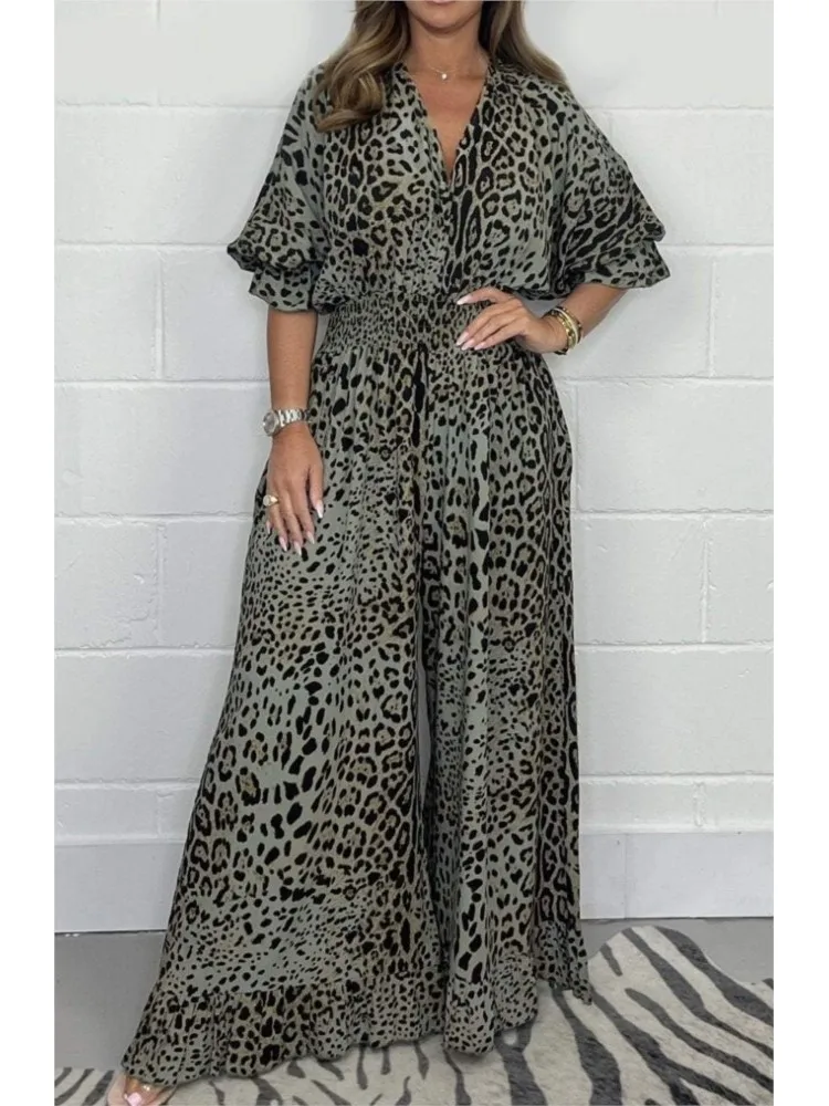 Women Jumpsuit V Neck Leopard Print Wide Leg Mid Sleeve Ruffle Jumpsuit 2024 Summer Loose High Waist Full Length Lady Jumpsuit