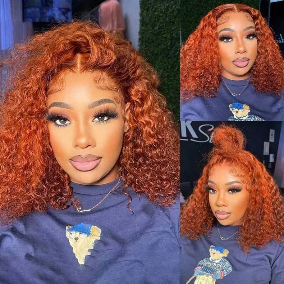 8-22Inch Deep Wave Bob Ginger Orange Lace Front Wigs Bob Human Hair Wig