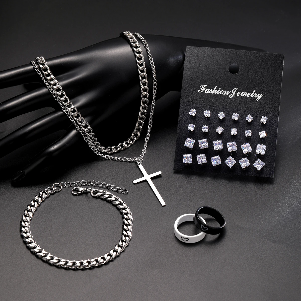 28 pz/set Casual Zircone Orecchini con perno Collana con ciondolo croce Coppia Anello Bracciale Set, Set multipezzo, Adatto per l'uso quotidiano