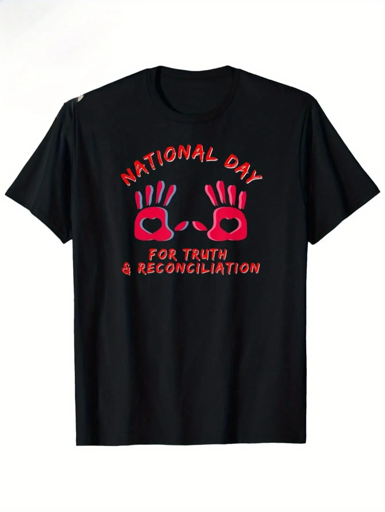 T-shirt Homme 2026 en Coton Lourd 180 g/m² pour la Journée Nationale de la Vérité et de la Réconciliation - Noir avec Motif Mains Rouges et Blanches, Symbole