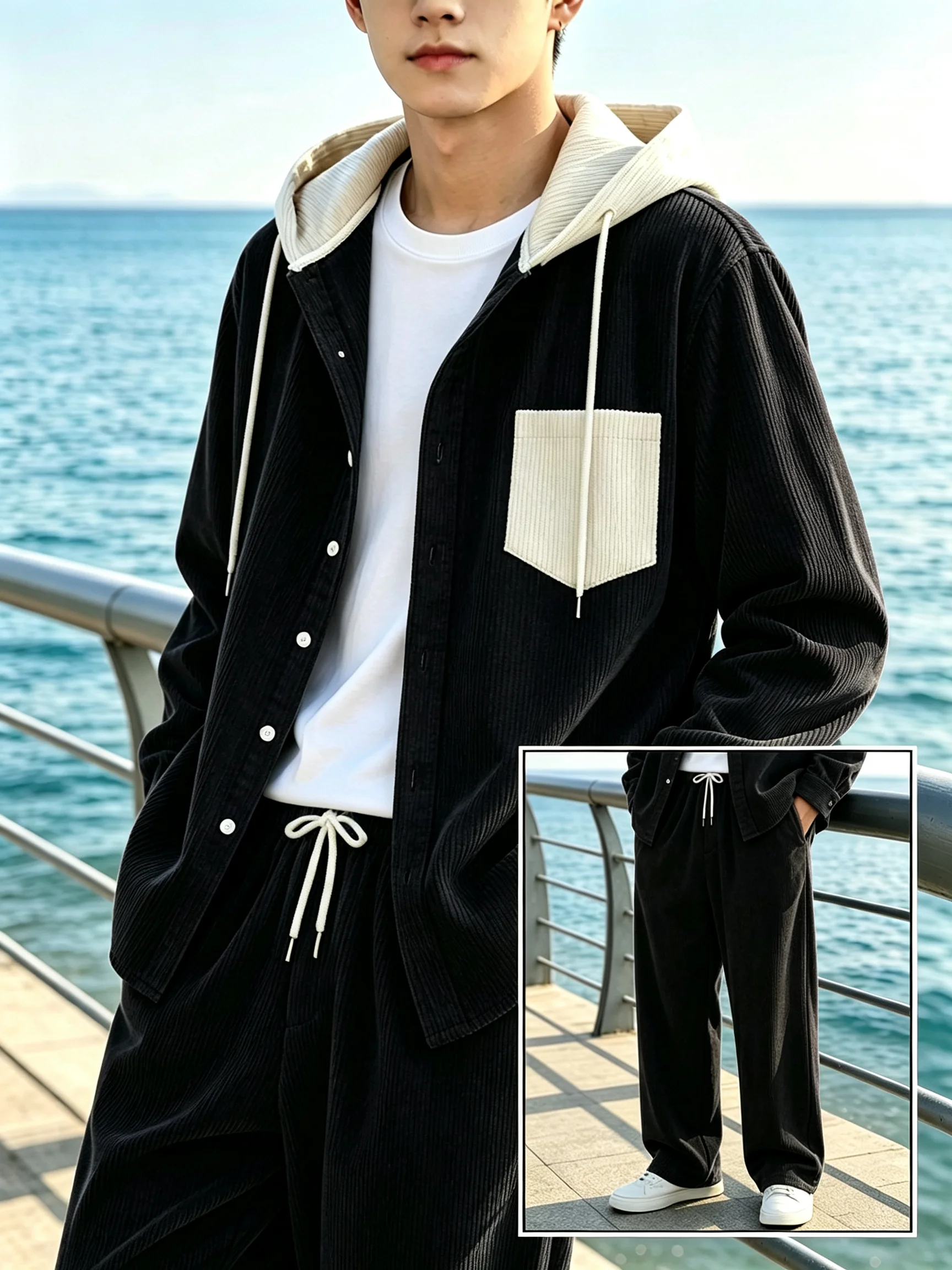 Men Corduroy Tracksuit Set Fixed Hooded Shirt Jacket And Drawstring Wide Leg Pants 2 Pieces Outfit Casual Streetwear Suit