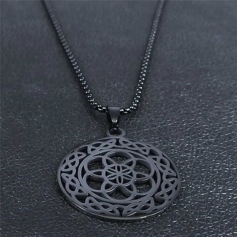 Yoga Irish Knot Flower of Life Chain Necklace Black Color Stainless Steel Pendant Necklaces Women/Men Jewelry collier 3719-QKC