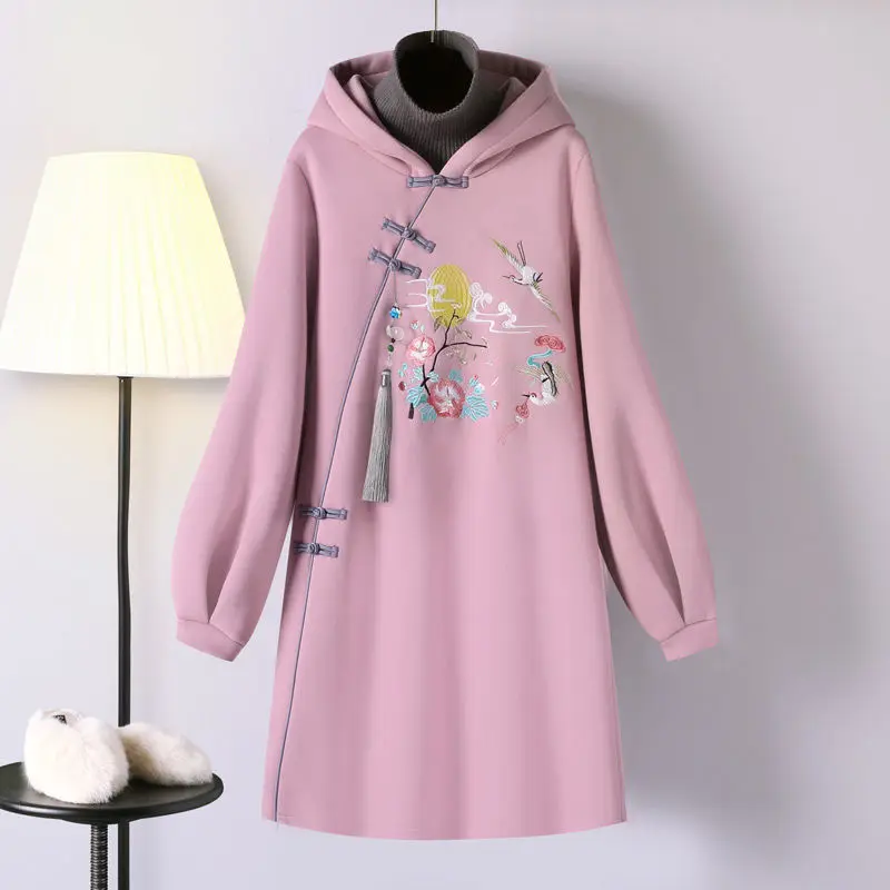 National Tide Chinese Style Temperament Harajuku Hoodies Spring New Women\'s Chinese Elements Sweatshirt Dress Cheongsam Vestidos