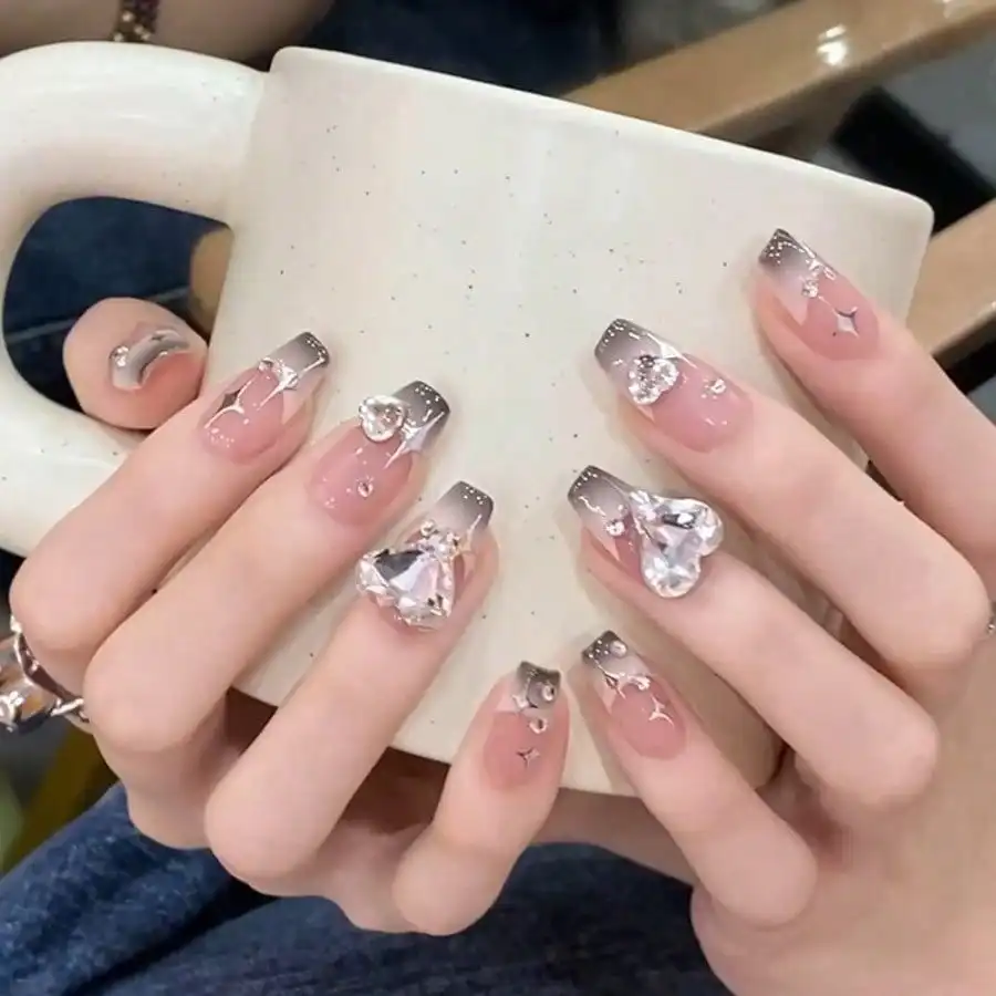 

Women Silver Glitter French Tip Press On Nails Shiny Crystal Decor Square Fake Nails Party Daily Wear