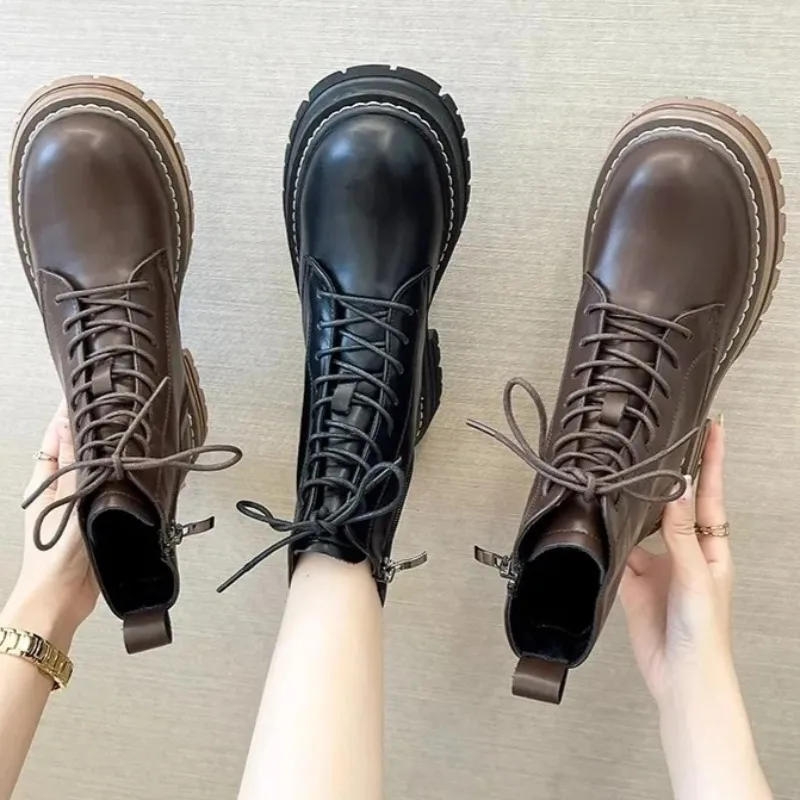 

New Women Leather Boots Fashion Outdoor Leisure Boots Britain Designer Ankle Boots for Woman Handmade Platform Shoes Botas Mujer