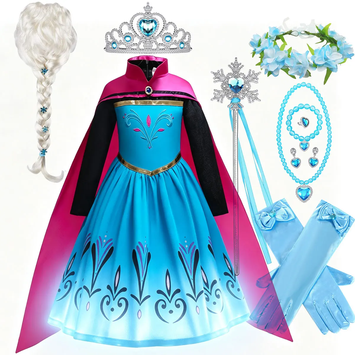 Disfraz de Princesa Anna de Disney Frozen para Niña, Vestido Brillante para Halloween, Cumpleaños, Cosplay, Disfraz de Princesa Anna para Fiesta + Conjunto de Accesorios con Capa