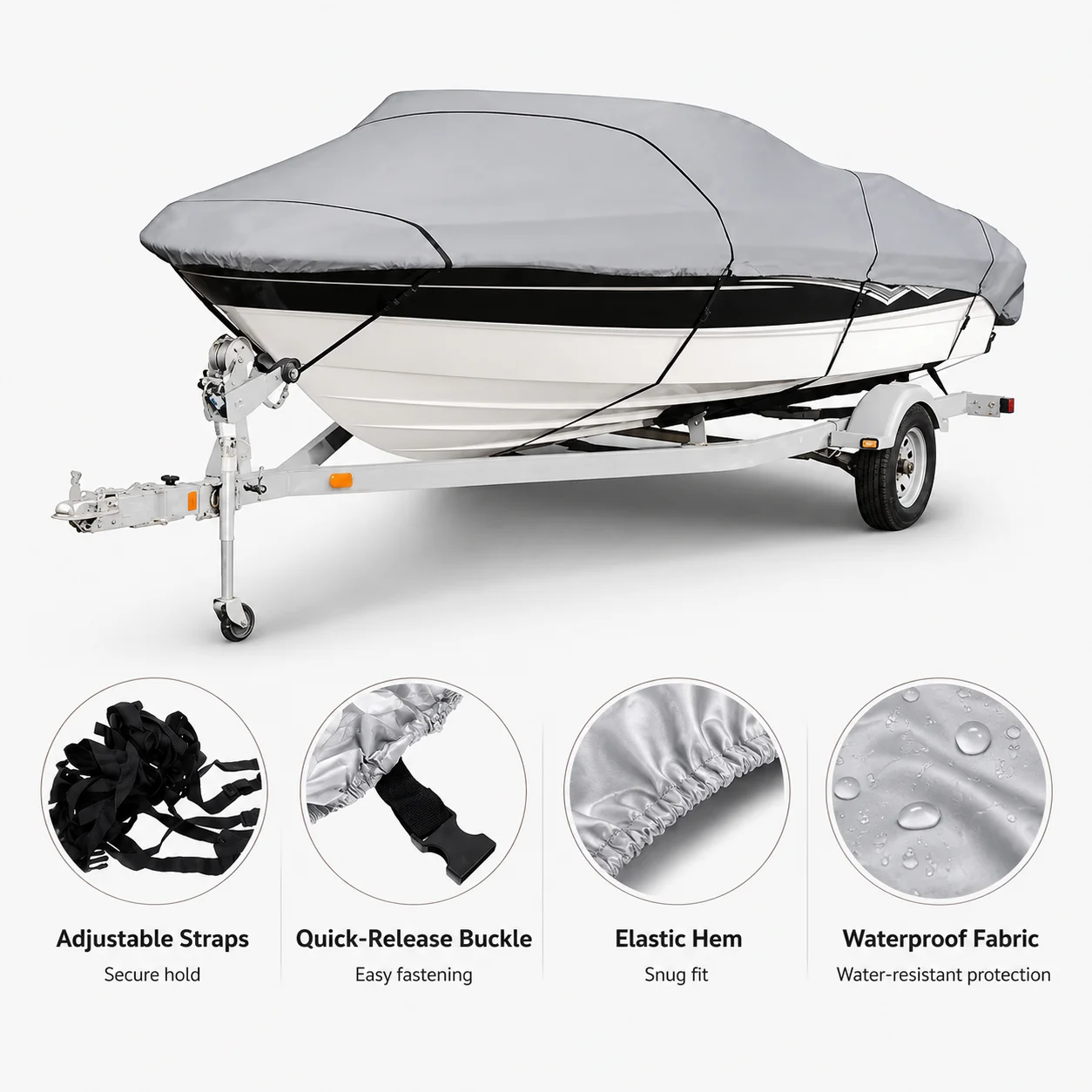 Silberne Reflektierende Bootsabdeckung 11-22FT Marinequalität Wasserdicht Reißfest Allwetterschutz für Yachten mit Verstellbaren Gurten – Detail 4