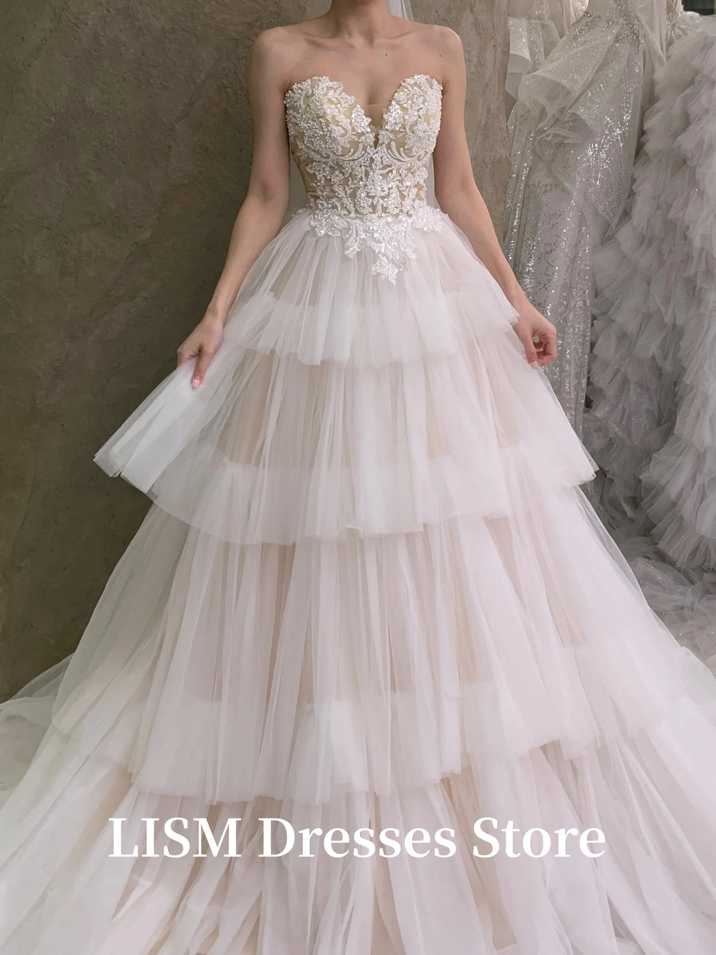 LISM Tiered A-Line Sweetheart Korea Wedding Dresses Photo Shoot Silk Tulle Lace Long Elegant Bridal Gowns Customized 웨딩드레스