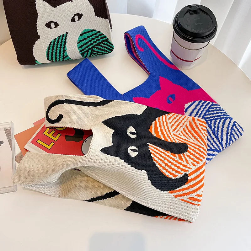 Retro Contrast Color Cat Knot Wrist Bag Handmade Knit Handbag Mini Portable Japanese Casual Tote Bag Reusable Shopping Bags