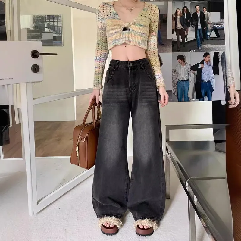 

New Womens Retro Black Grey Jeans Spring Autumn Loose High Waist Straight Trousers Female Denim Wide Leg Floor Mopping Pants 5XL