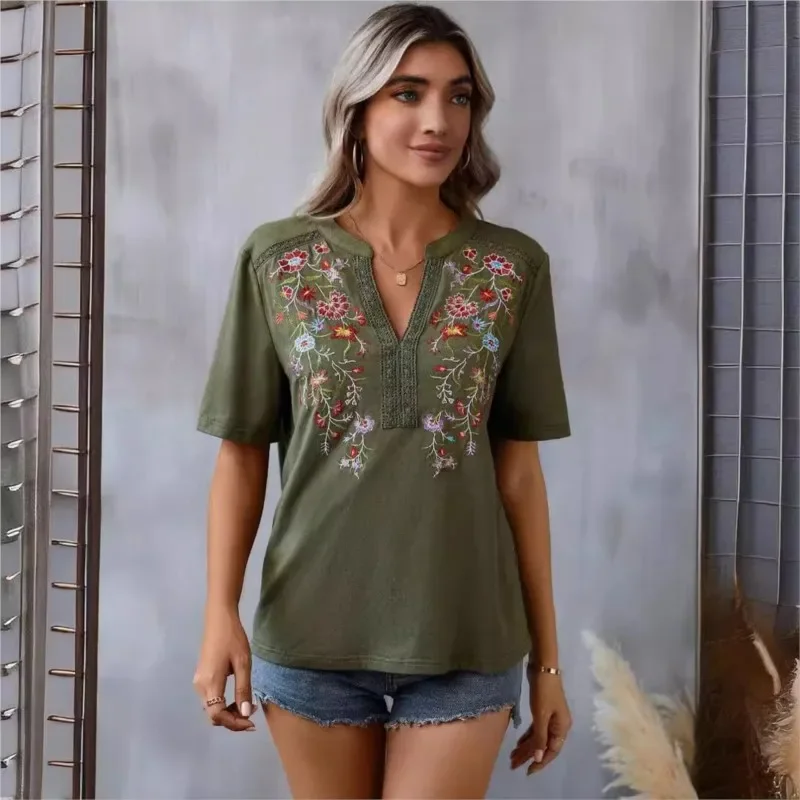 Spring Summer Vintage Embroidery Spliced Short Sleeve Tops Women\'s Shirt Retro Ethnic Style Loose Pullover Blouses Femme Blusas