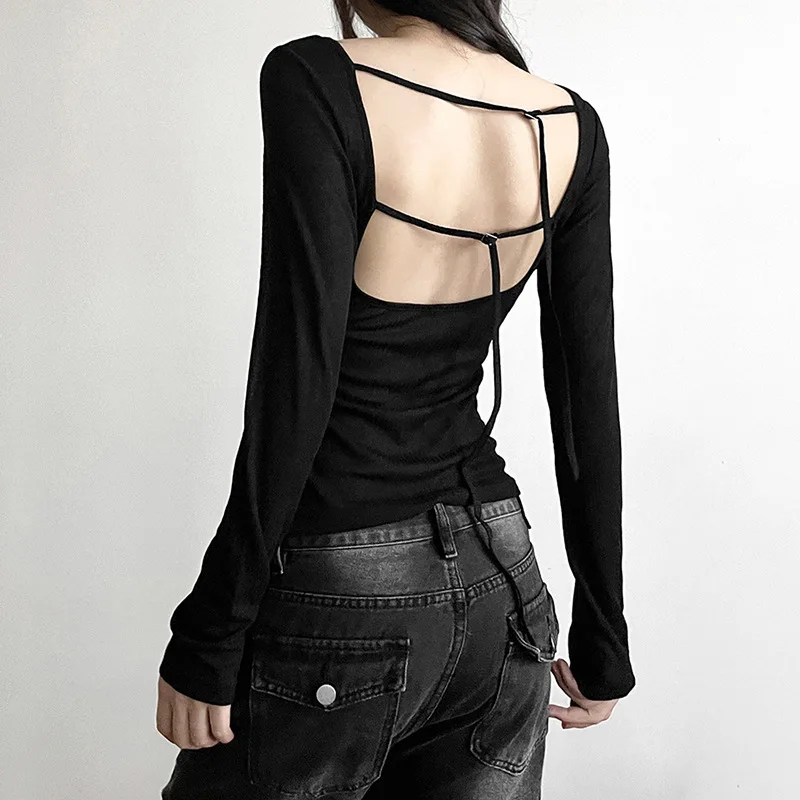 Damen-T-Shirt mit langen Ärmeln, tiefem Ausschnitt, offenem Rücken, schmaler Passform, mit Schnürung, elastischem Stoff, einfarbig, Herbstmode, kurzes Oberteil. – Detail 8