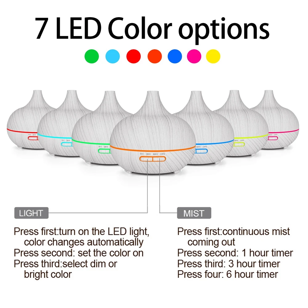 500ml Ultrasonic Aromatherapy Diffuser, Wood Grain, Remote Control, 7-Color LED, Air Humidifier