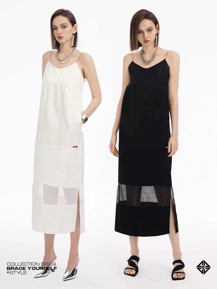 

COTTIA Spring Summer Ele Multiple Splicing White Strap Dr Embroidered Blo Design Precision Dr V-ne A-line Midi ...