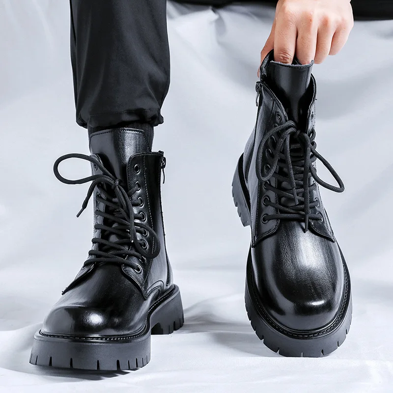 men fashion genuine leather boots lace-up black brown shoes cowboy platform boot big size handsome high motorcycle botas hombre - view 4