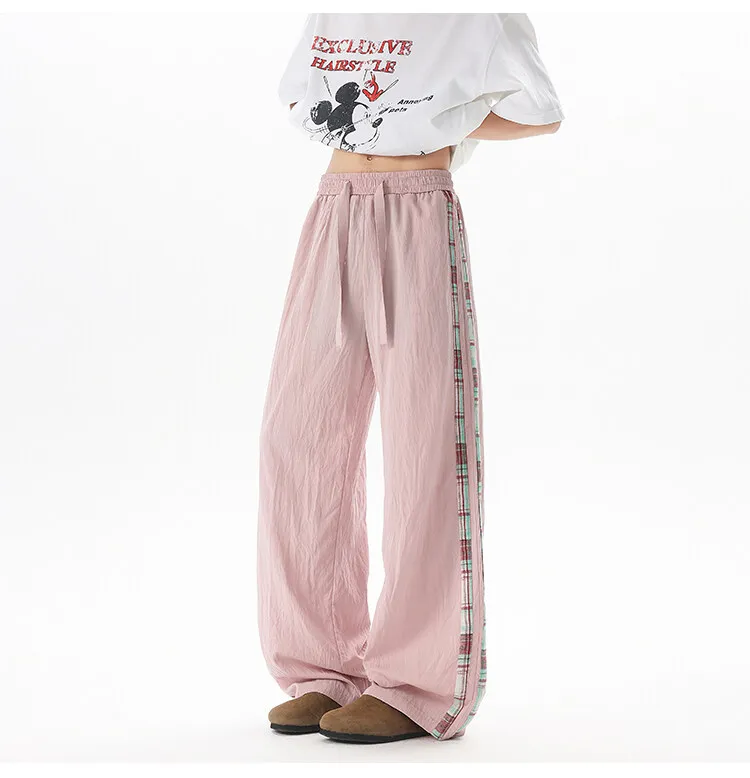 แฟชั่นเย็บกางเกงผู้ชายสบายและ Cool กางเกงผ้าไหมน้ําแข็งบางหลวม Drawstring ตรงกางเกงฤดูร้อนผู้หญิง