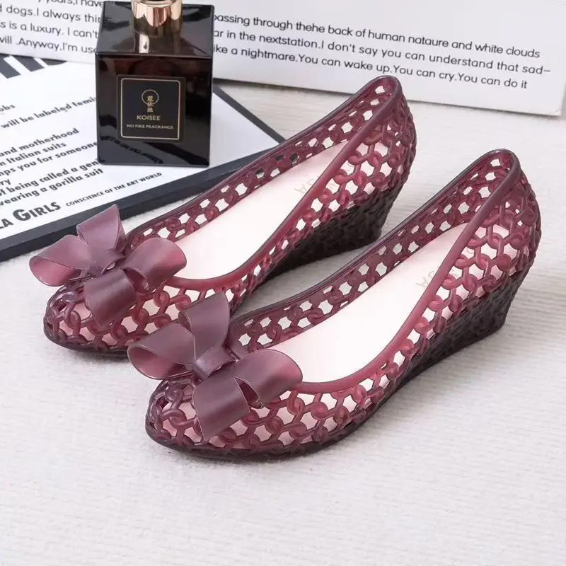 

Women Round Toe Hollow Out Bowknot Wedges Sandals Summer New Soft sole Non Slip Shallow Slip On Cave Shoes Fashion Jelly Sandals