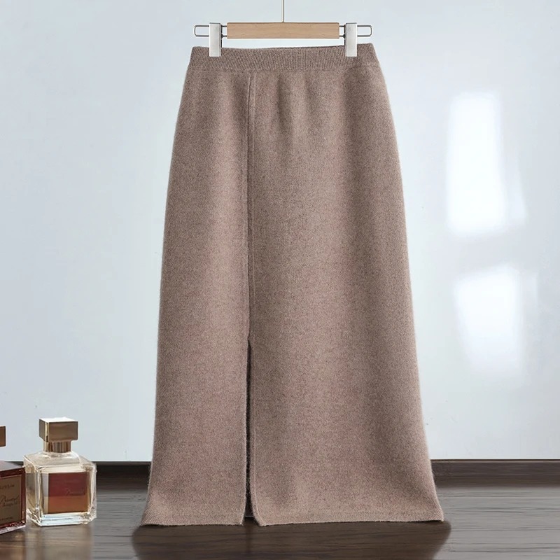 

High-Quality Pure Cashmere Skirt Women's Autumn/Winter Clothes Office Fashion Split A-line Skirt Solid Color Knitted Skirt