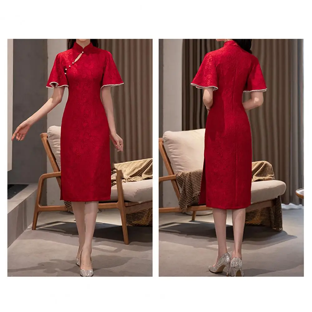 Retro sukienka Cheongsam Qipao elegancka koronka Cheongsam Qipao stójka sukienka Retro dla kobiet chiński styl wieczorowa suknia ślubna z 3/4