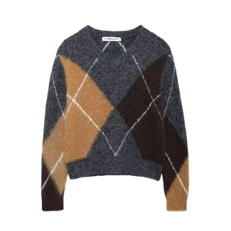 

Женский клетчатый повседневный вязаный свитер с контрастным цветным принтом и v-образным вырезом, осень-зима, Новое поступление, обычный...