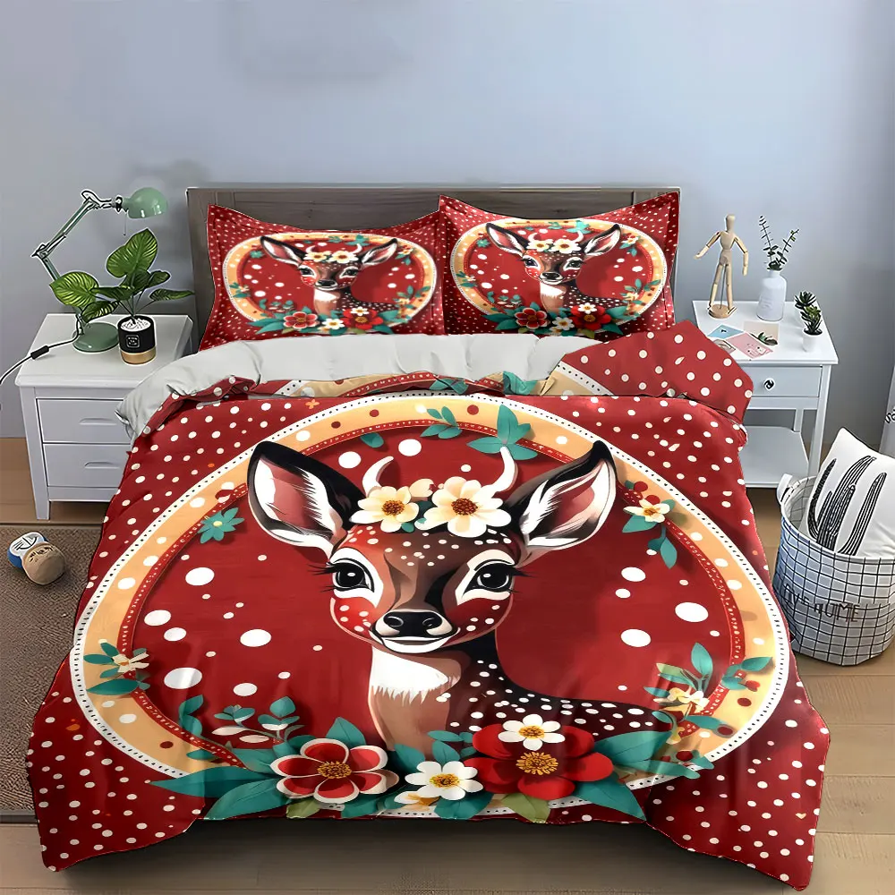 Floral Deer Art Decor Set Soft Skin-Friendly Bedding Set Includes 1 Duvet Cover And 2 Pillowcase, Gift