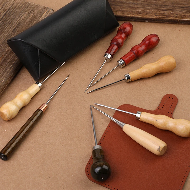 Awl Tools With Wooden Handle Awl Pricker Hole Maker Tool Leather Sewing Kit DIY Sewing Awl Hole Punches Stitching Handmade