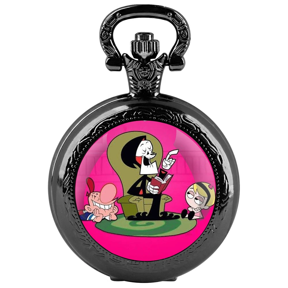Cartoon Billy e Mandy Glass Dome Quartz Pocket Watch With Durable Chain Arabic Numeral Dial Halloween Gifts for Men Women Kids