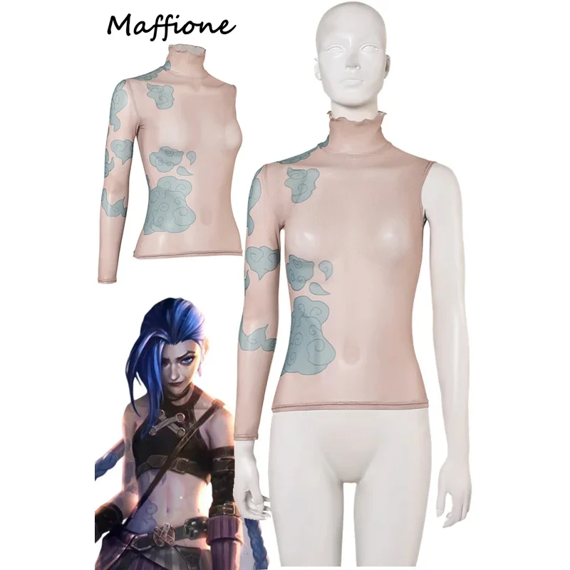 SN55Arcane Jinx ضيق الوشم قميص تأثيري حلي لعبة LoL TV 2 دور الجلد قميص وتتسابق بلا أكمام المرأة هالوين جزء $@1 واط