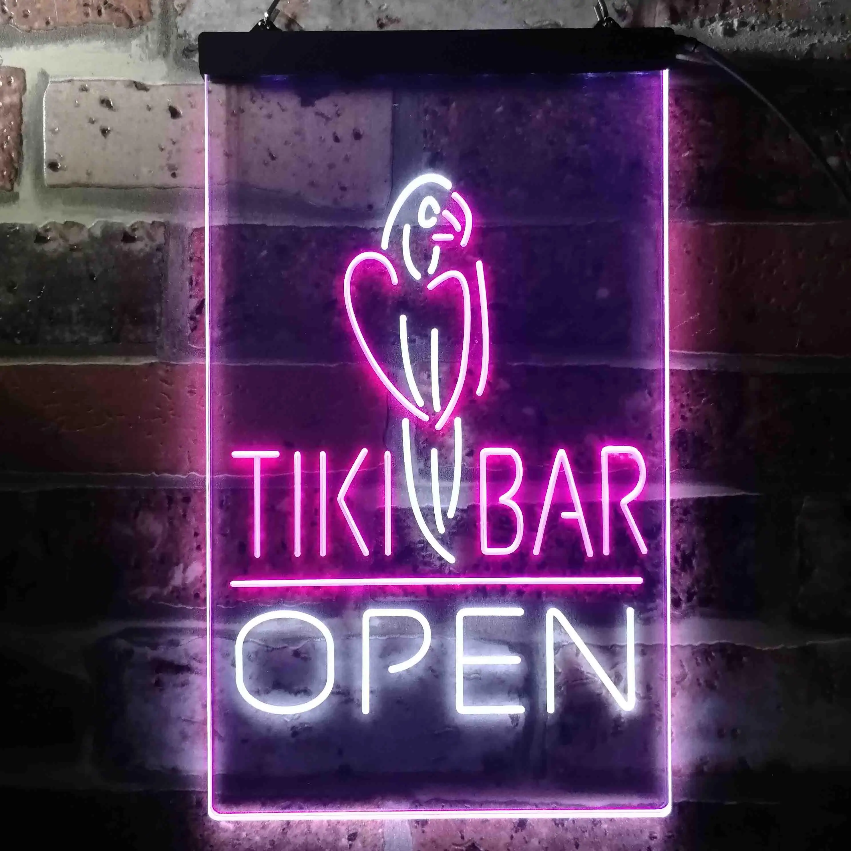 

TIKI BAR OPEN. with Parrot Dual Color Led Neon Sign st6-i3399