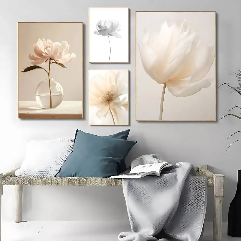 Nordic Beige Pfingstrose Blumen Poster Leinwand Malerei Druck Für Home Wohnzimmer Schlafzimmer Dekorative Bilder