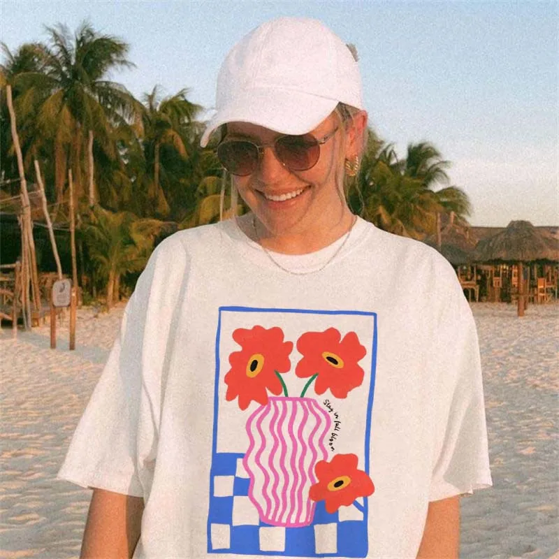 

Цветочная ваза, модная женская белая футболка с круглым вырезом и коротким рукавом, базовая футболка с принтом, повседневный подарок на летние каникулы, модный топ