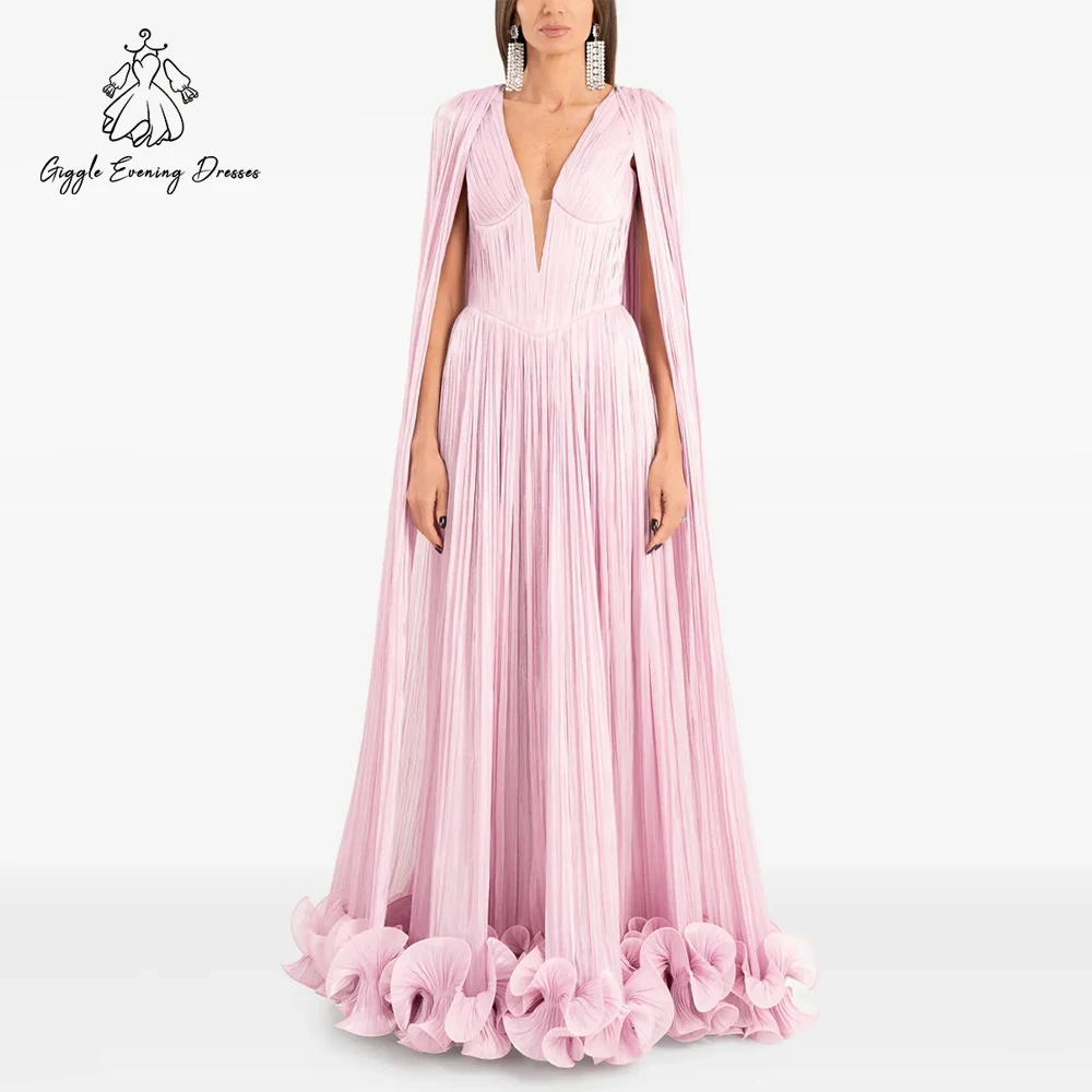 

Giggle Pink Ruffles A-Line Evening Dress Cape Sleeves Sexy V-neck Floor Length Chiffon Pleats Long Prom Maxi Dress Customized