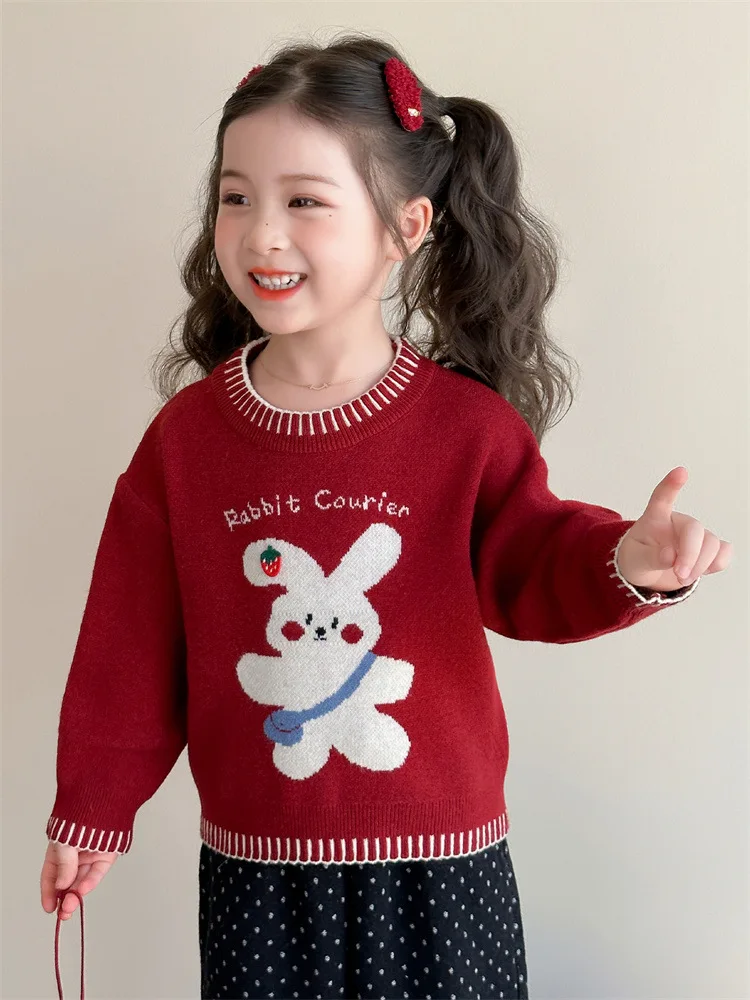 

Girls' Sweater Autumn Winter New Children's Fashionable Thick Knitted Sweater New Year Sweater Top
