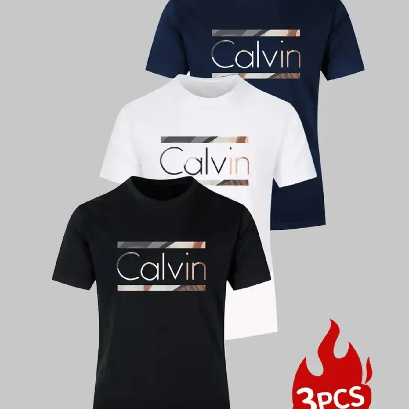 

Men's 3PCS Calvin Graphic Tees Set | Classic Crew Neck Casual T-Shirts | Black White Navy Combo Pack cottonTops