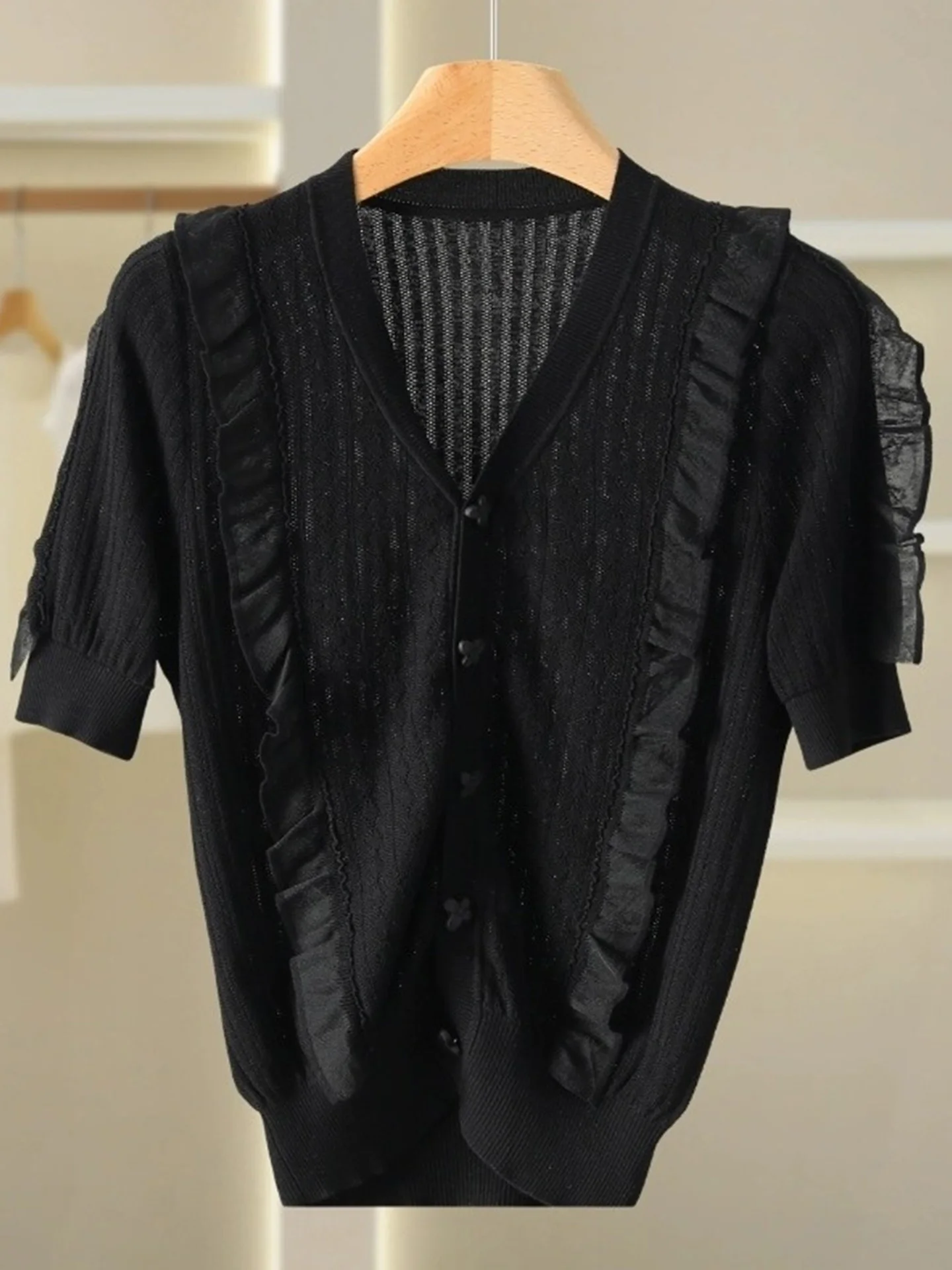 Jedwabny sweter z dzianiny z dekoltem w serek, zapinany na jeden guzik, modny, uniwersalny damski top, koreański styl, luźny krój, kardigan.