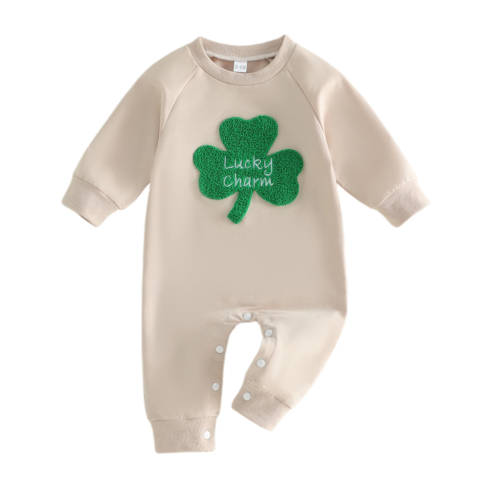 ชุดเด็กผู้ชายวันเซนต์แพทริค ชุดจั๊มสูทคอกลมแขนยาวพิมพ์ลายแชมร็อคสีเขียว ชุดรอมเปอร์ทรงหลวมพร้อมงานปัก