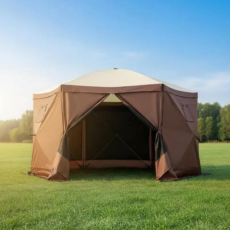 Tonnelle pop-up hexagonale 3,51x3,51 m marron. Montage rapide avec 6 parois coupe-vent amovibles et fenêtres moustiquaires. Tissu Oxford 300D imperméable, cadre en fibre de verre, livré avec sac de transport pour jardin et camping.