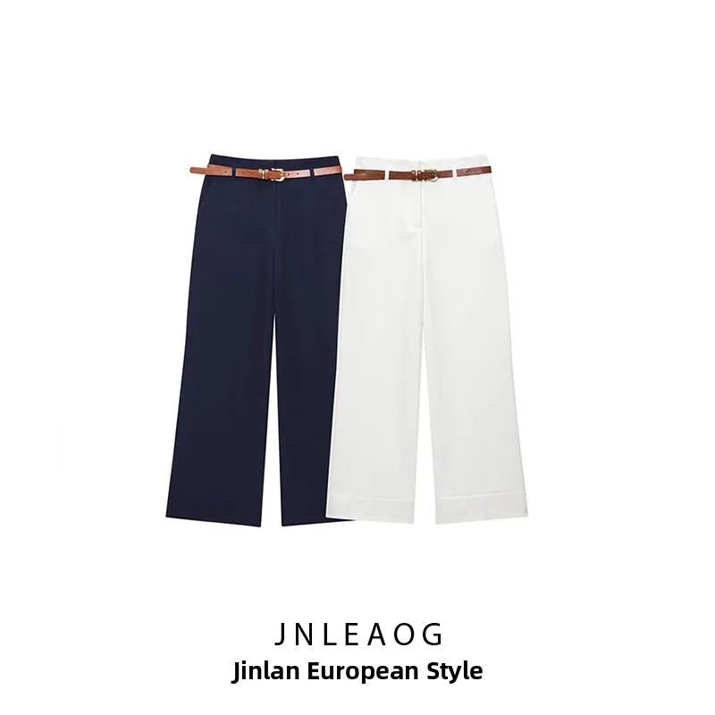 JNLEAOG Autumn New Women's Fashion Design Belted Cuffed Pants High Waist Straight Leg Casual Trousers European Style Simple