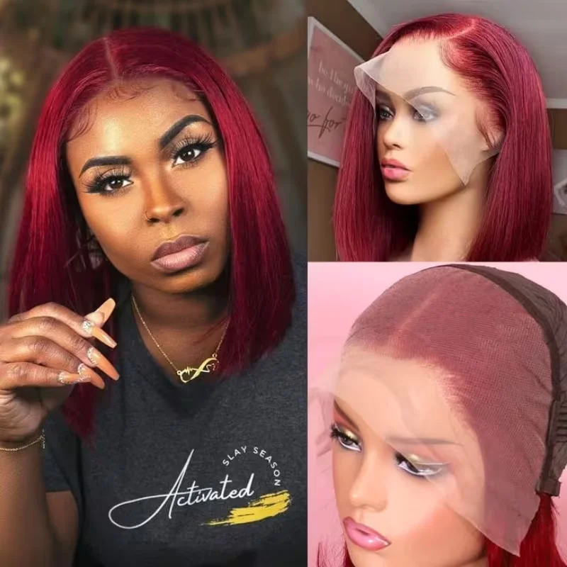 99J Straight Bob Wigs Burgundy Color 200 Density 99J Human Hair Wig 13x4 HD Lace Short Bob Wigs Brazilian Straight Lace Front