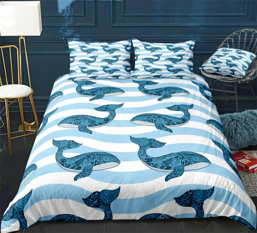 Imagem -04 - Ocean Duvet Cover Conjunto para Crianças Blue Whale Bedding Grupo Roupa de Cama Animal do Mar Roupa de Cama Listrada Roupa de Cama para Adolescentes Tecido Caseiro