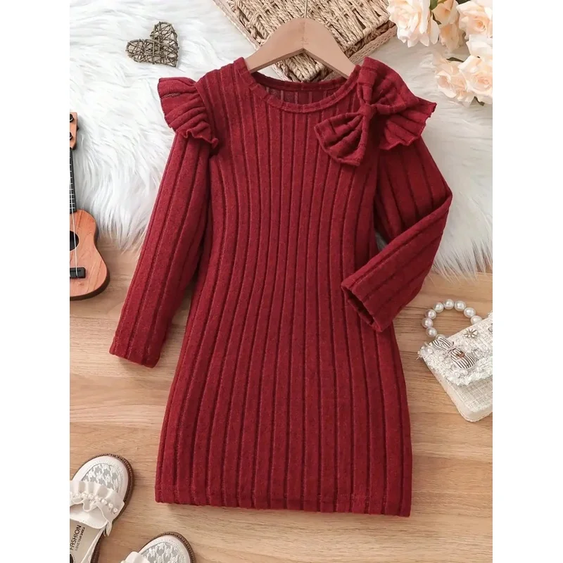 Children's Casual Elegant Ribbed Lotus Leaf Sleeve Long Sleeve Dress round Neck Bow Waist Cinched mid Length Skirt