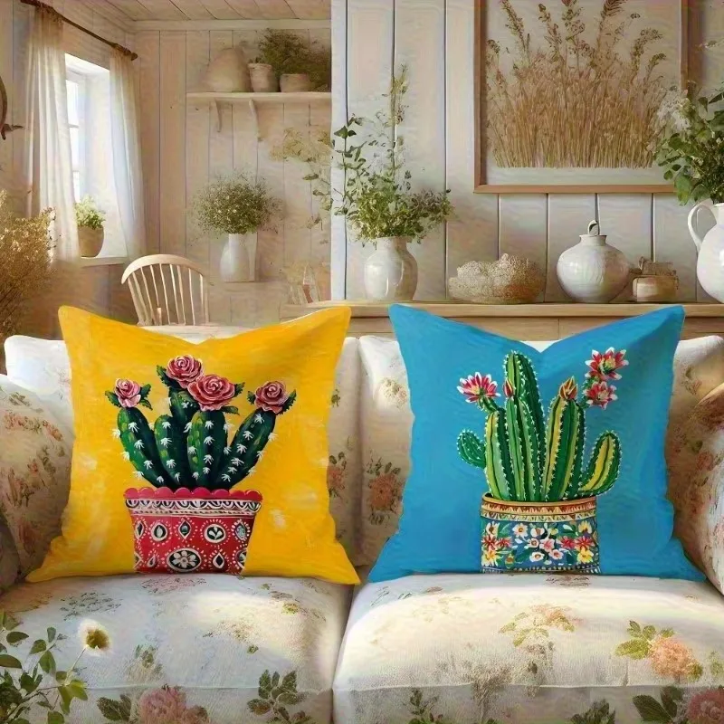 Double Sided Mexican Folk Art Cactus Pillow Cover, Soft Polyester 2D Print Cushion for Home Sofa Housewarming Decor Gift