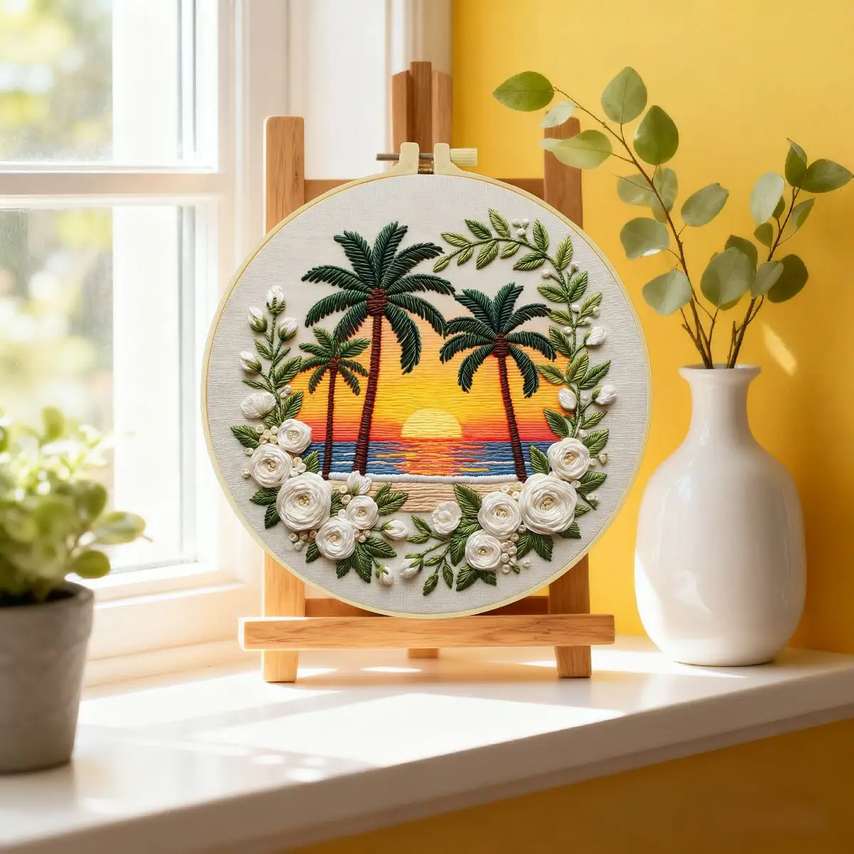 1 Stück 20X20CM/15X15CM 7,87/6,3 Zoll Sonnenuntergang Stickerei Starter-Kit DIY-Kit DIY Stickerei-Set Handarbeiten Nadelkunst Heimdekoration – Detail 1