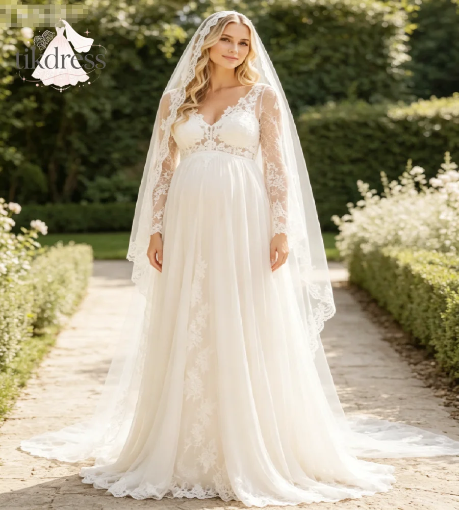 Boho Maternity Wedding Dress V Neck Long Lace Sleeve Empire Waist Chiffon Tulle Pregnant Bridal Gown Rustic Country Customized