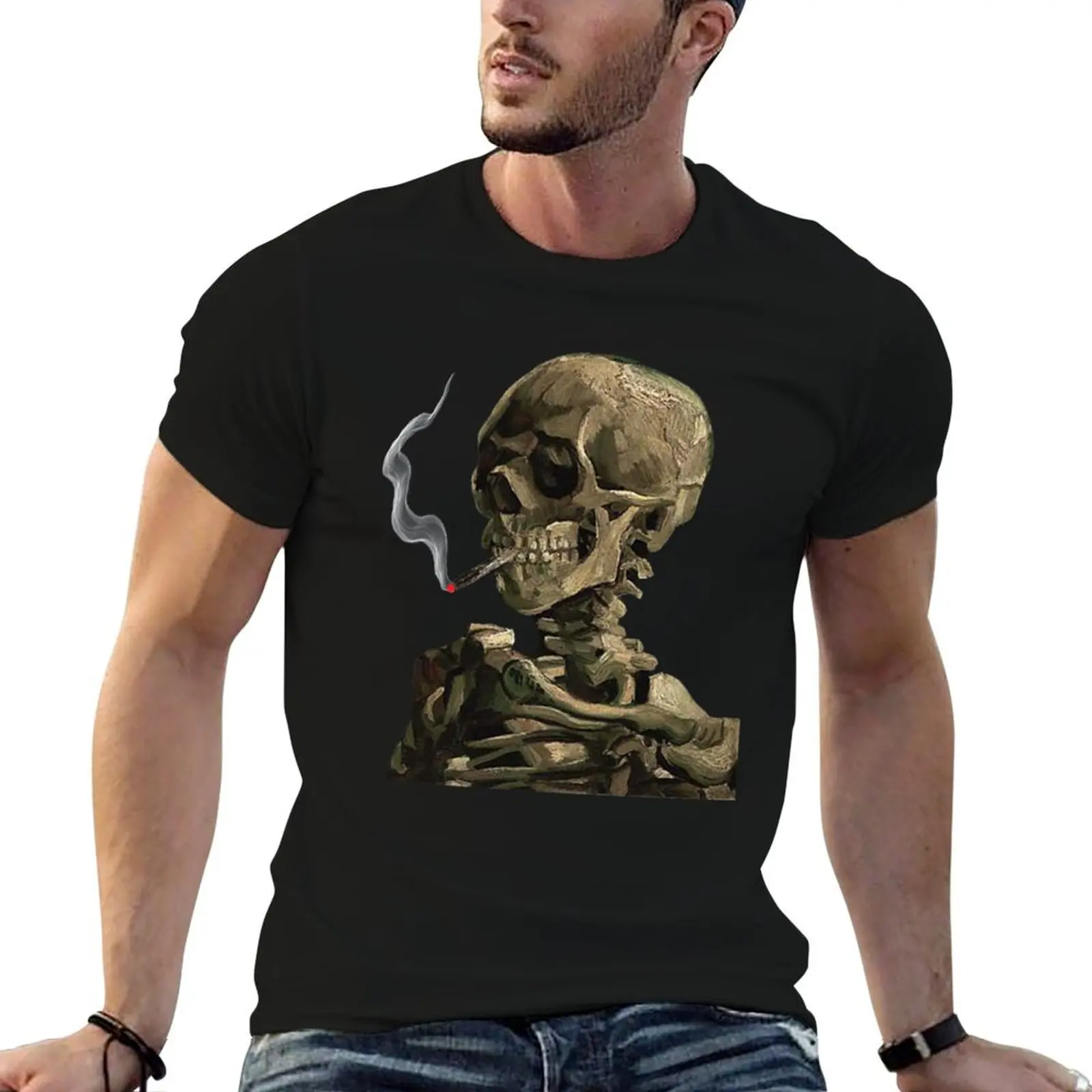 Van Gogh Skeleton Smoking 2.0 T-Shirt Worker Basic Short Sleeve Tee