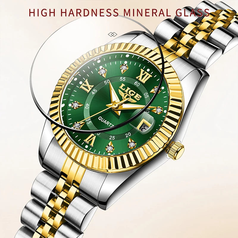 LIGE 2025 ساعات نسائية أنيقة على الموضة مقاومة للماء بتقويم للسيدات ساعة فاخرة بحزام من الفولاذ المقاوم للصدأ للنساء relogio